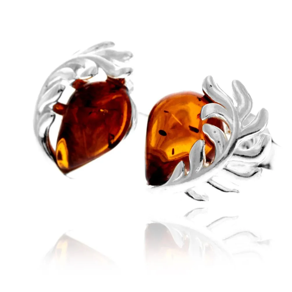 925 Sterling Silver & Genuine Baltic Amber Contemporary Teardrop Leaf Studs Earrings - GL1054