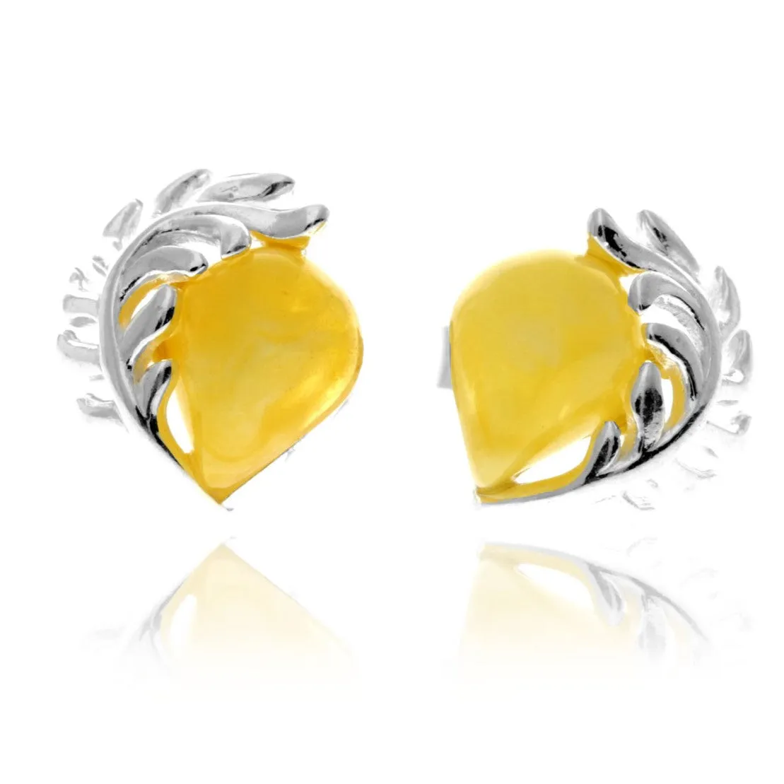 925 Sterling Silver & Genuine Baltic Amber Contemporary Teardrop Leaf Studs Earrings - GL1054