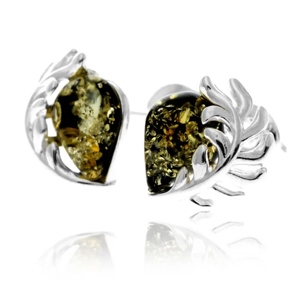 925 Sterling Silver & Genuine Baltic Amber Contemporary Teardrop Leaf Studs Earrings - GL1054