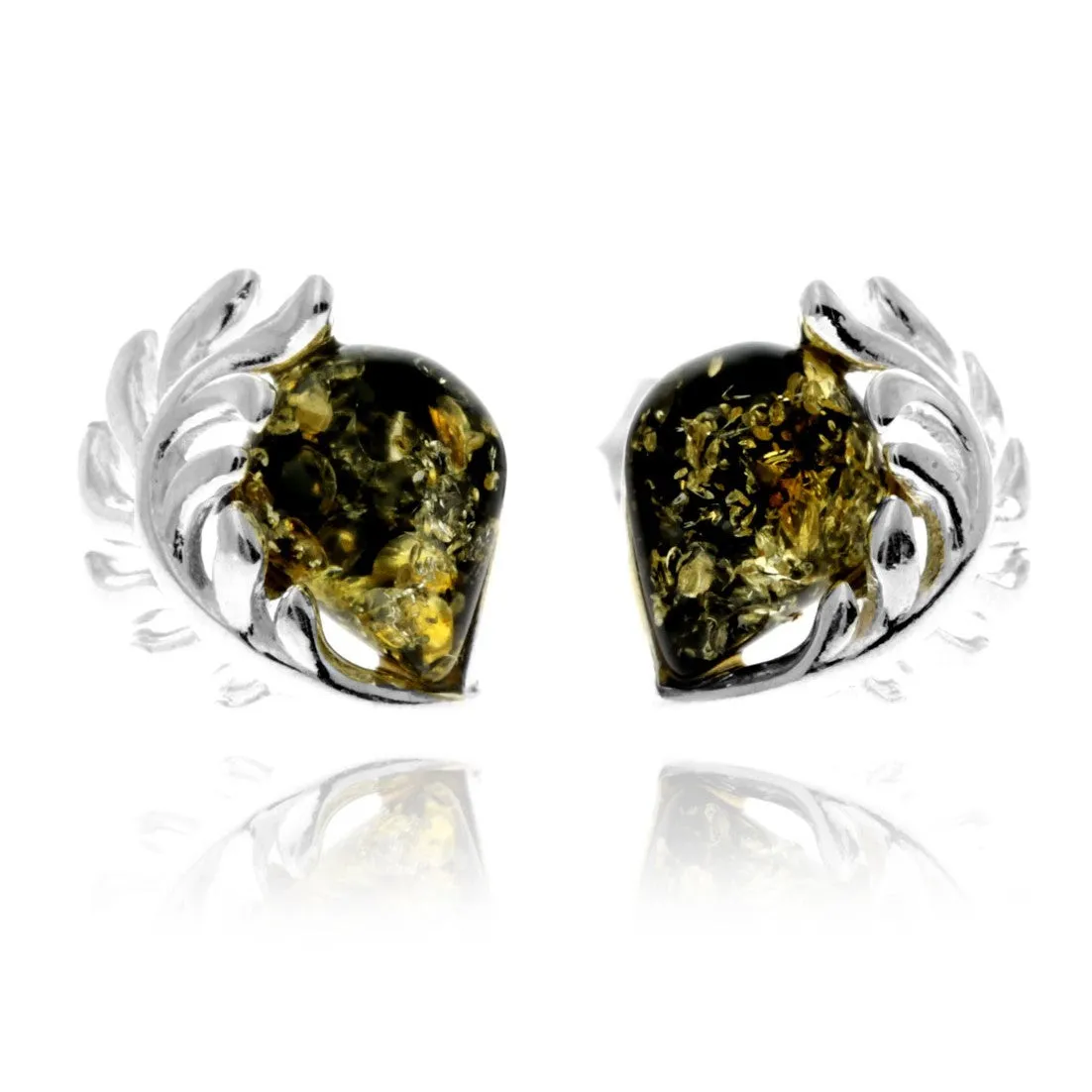 925 Sterling Silver & Genuine Baltic Amber Contemporary Teardrop Leaf Studs Earrings - GL1054