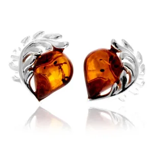 925 Sterling Silver & Genuine Baltic Amber Contemporary Teardrop Leaf Studs Earrings - GL1054