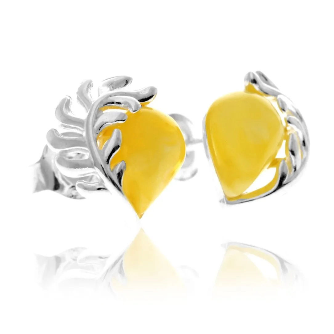 925 Sterling Silver & Genuine Baltic Amber Contemporary Teardrop Leaf Studs Earrings - GL1054