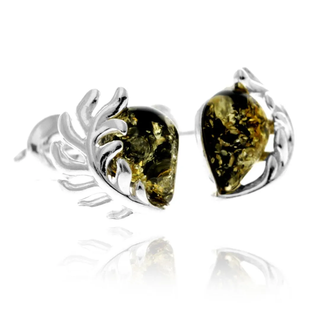 925 Sterling Silver & Genuine Baltic Amber Contemporary Teardrop Leaf Studs Earrings - GL1054