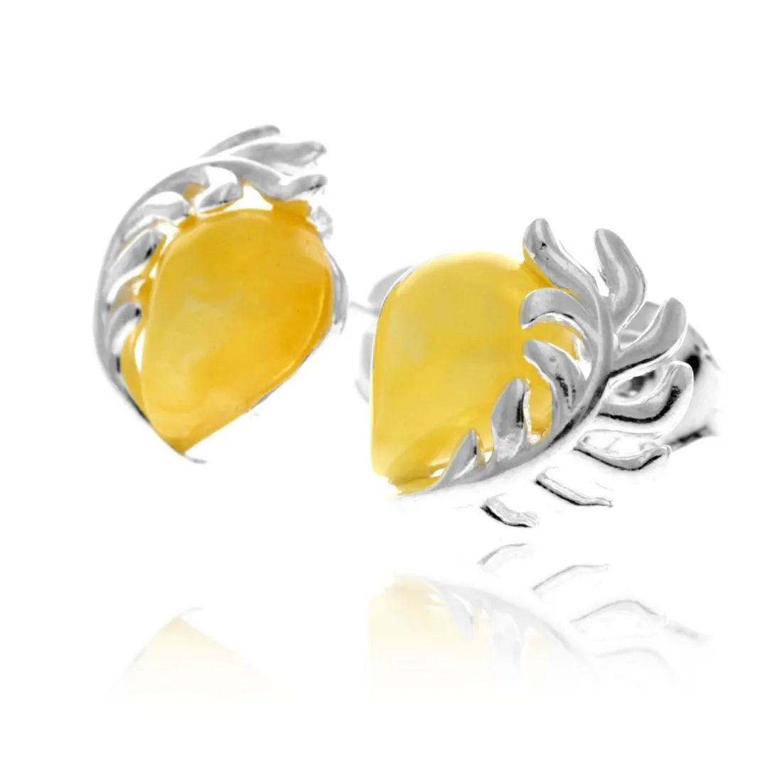 925 Sterling Silver & Genuine Baltic Amber Contemporary Teardrop Leaf Studs Earrings - GL1054