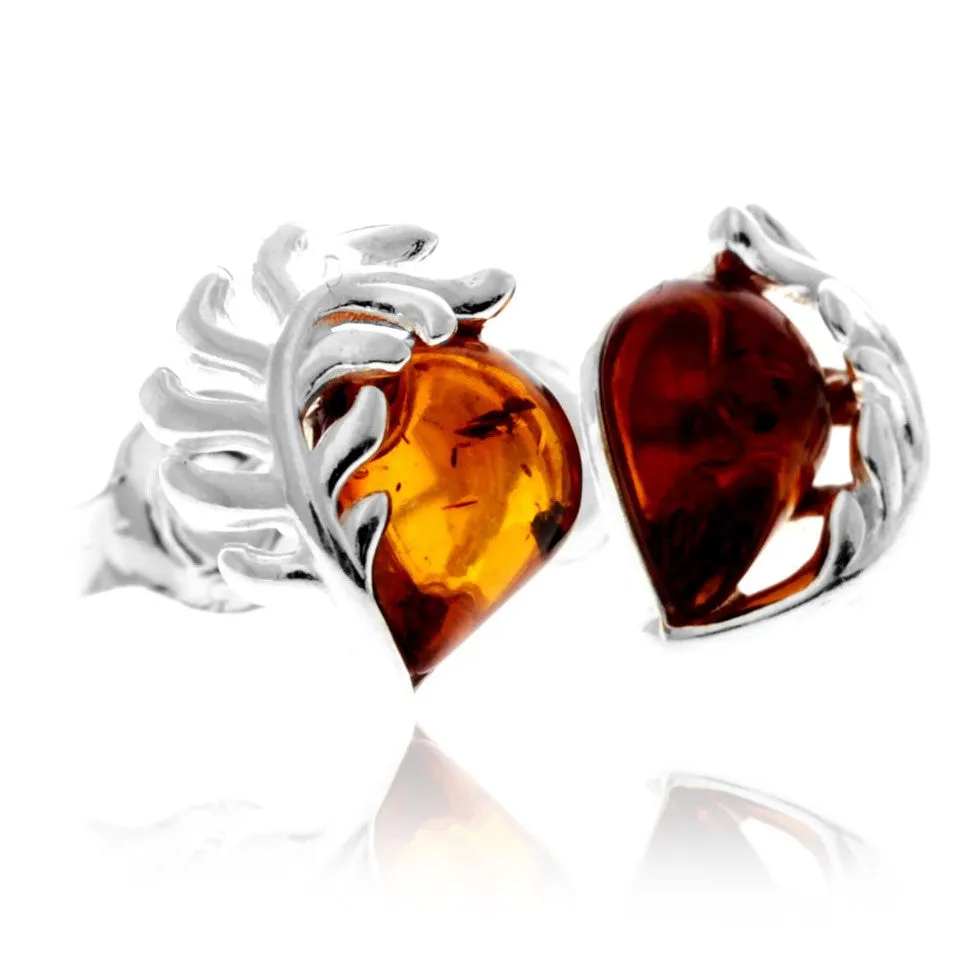 925 Sterling Silver & Genuine Baltic Amber Contemporary Teardrop Leaf Studs Earrings - GL1054