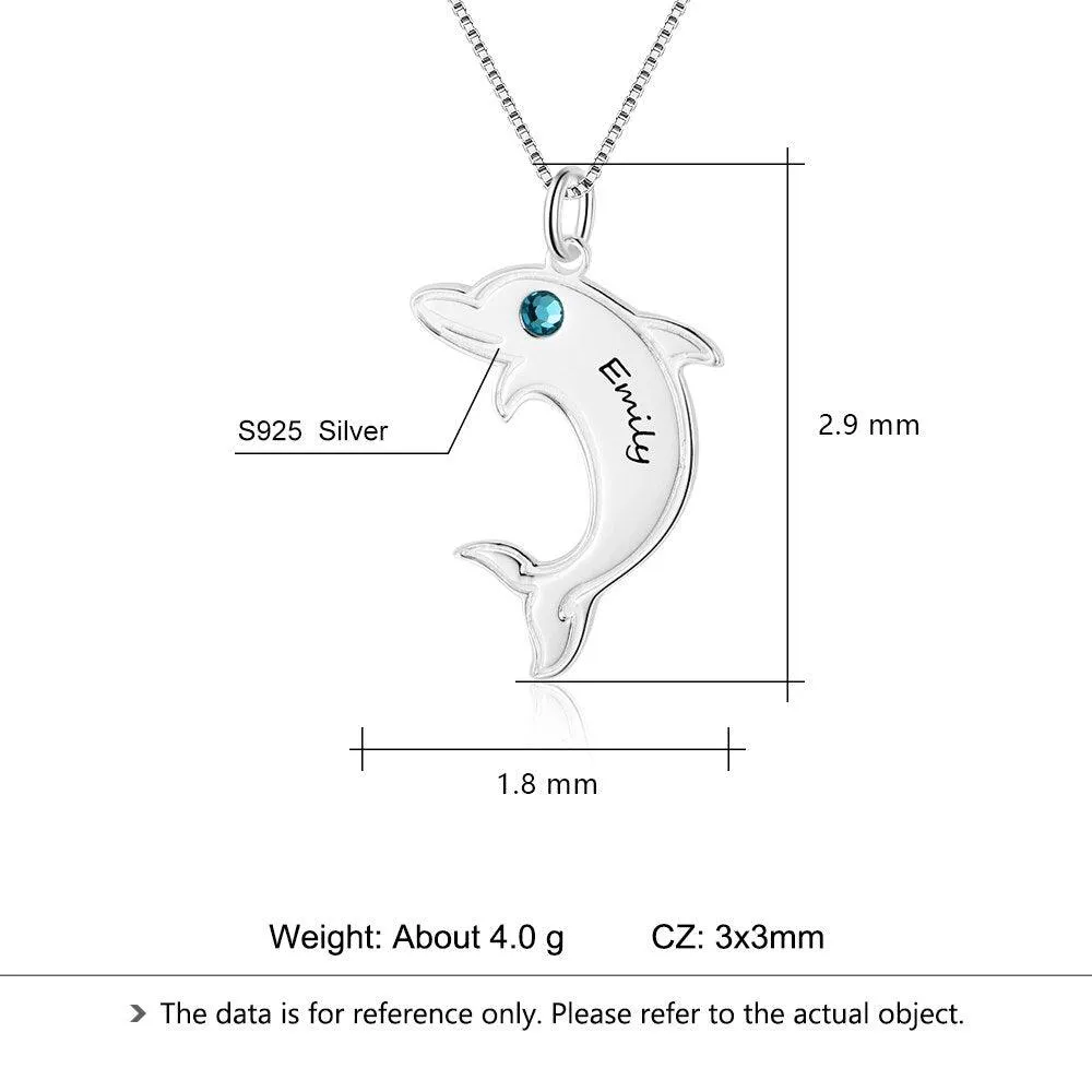 925 Sterling Silver Dolphin Shape Name & Birthstone Personalized Pendant Necklaces for Women