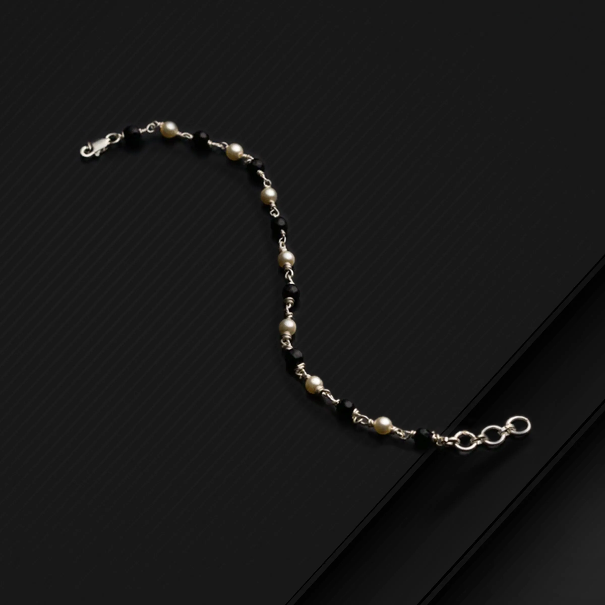 925 sterling silver white pearl and black beaded chain bracelet Combo use bracelet or anklets, Mangalsutra bracelet mbr08