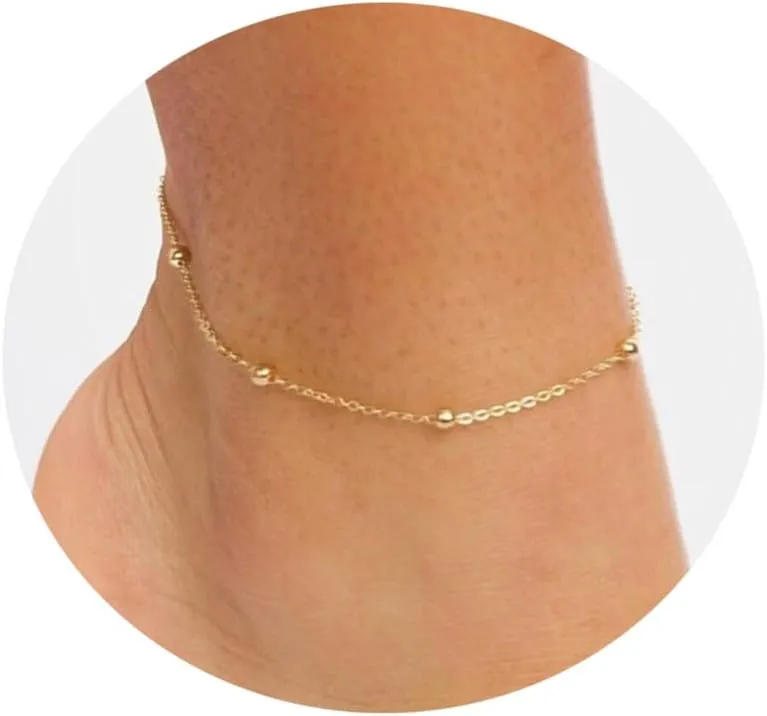 Ankle Bracelets for Women Dainty 18K Gold Plated Anklet Waterproof Round Beaded Paperclip Herringbone Pearl Chain Anklets Waterproof Beach Foot Jewelry