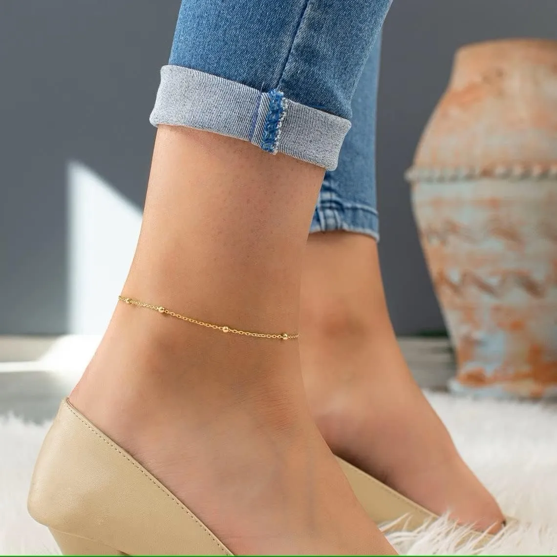 Ankle Bracelets for Women Dainty 18K Gold Plated Anklet Waterproof Round Beaded Paperclip Herringbone Pearl Chain Anklets Waterproof Beach Foot Jewelry