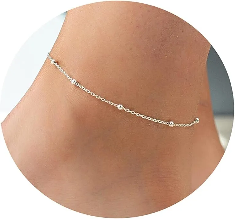 Ankle Bracelets for Women Dainty 18K Gold Plated Anklet Waterproof Round Beaded Paperclip Herringbone Pearl Chain Anklets Waterproof Beach Foot Jewelry