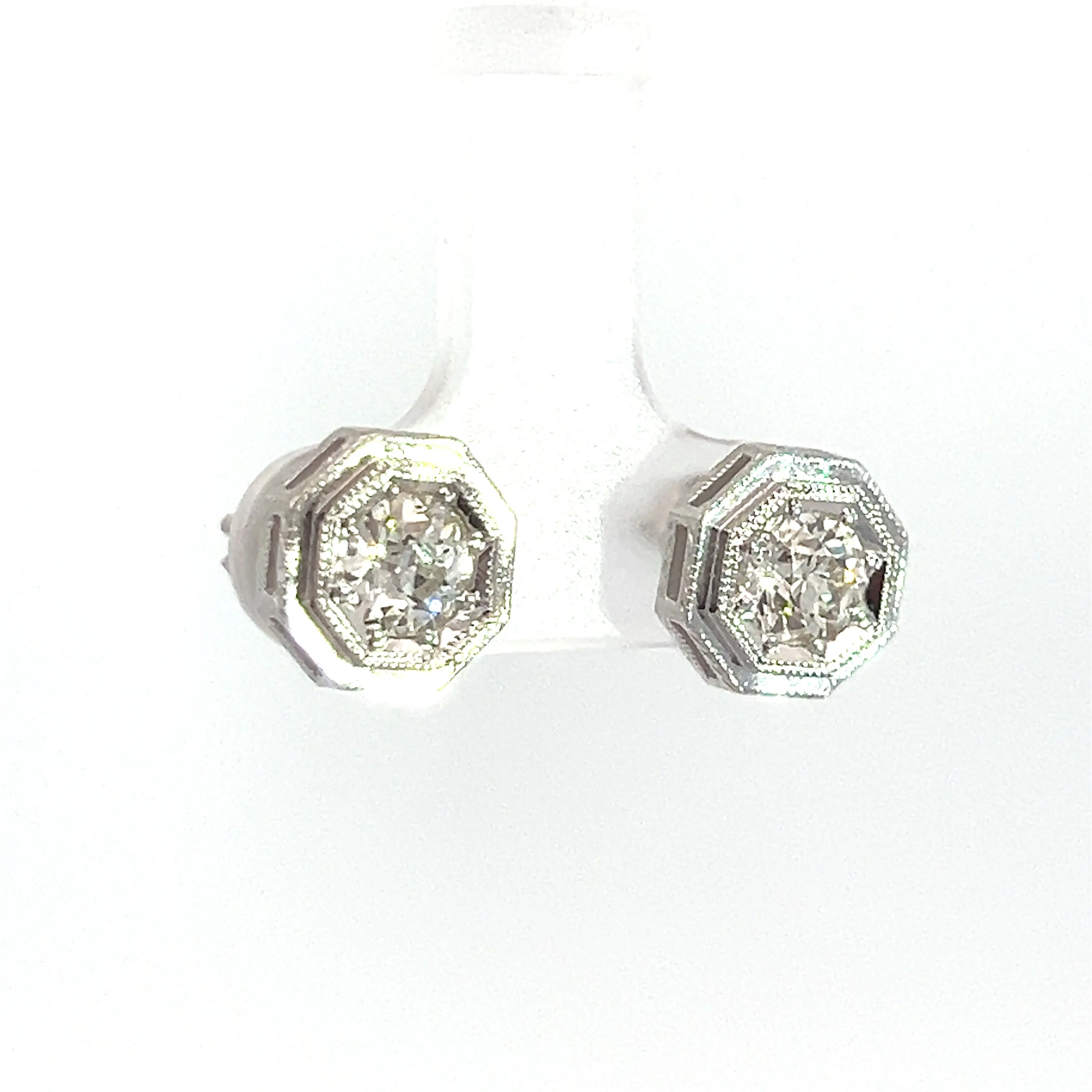 Art Deco Platinum Topped & 14kt White Gold 1.09ct Old European Cut Diamond Hexagon Frame Studs
