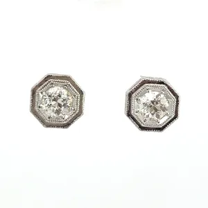 Art Deco Platinum Topped & 14kt White Gold 1.09ct Old European Cut Diamond Hexagon Frame Studs