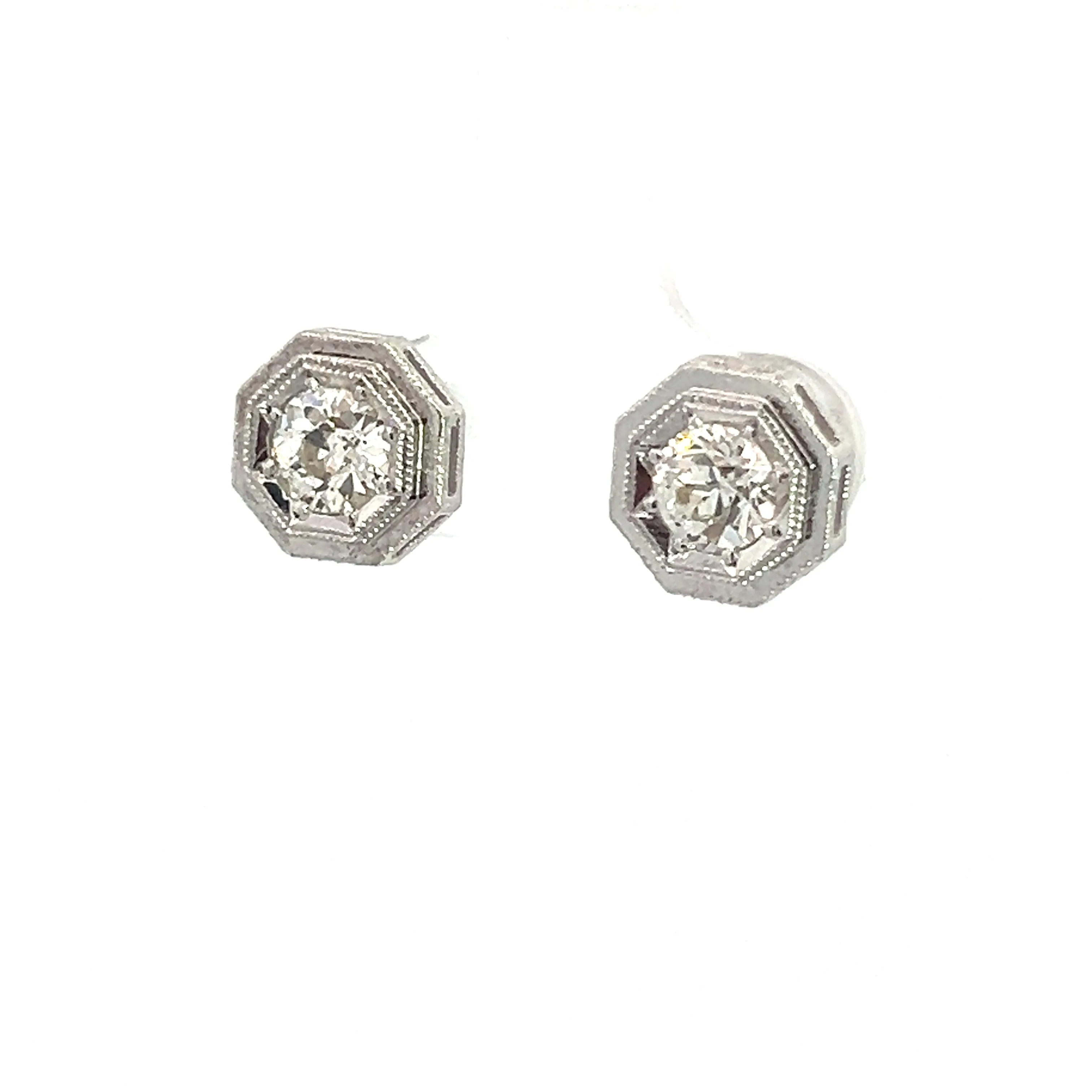 Art Deco Platinum Topped & 14kt White Gold 1.09ct Old European Cut Diamond Hexagon Frame Studs