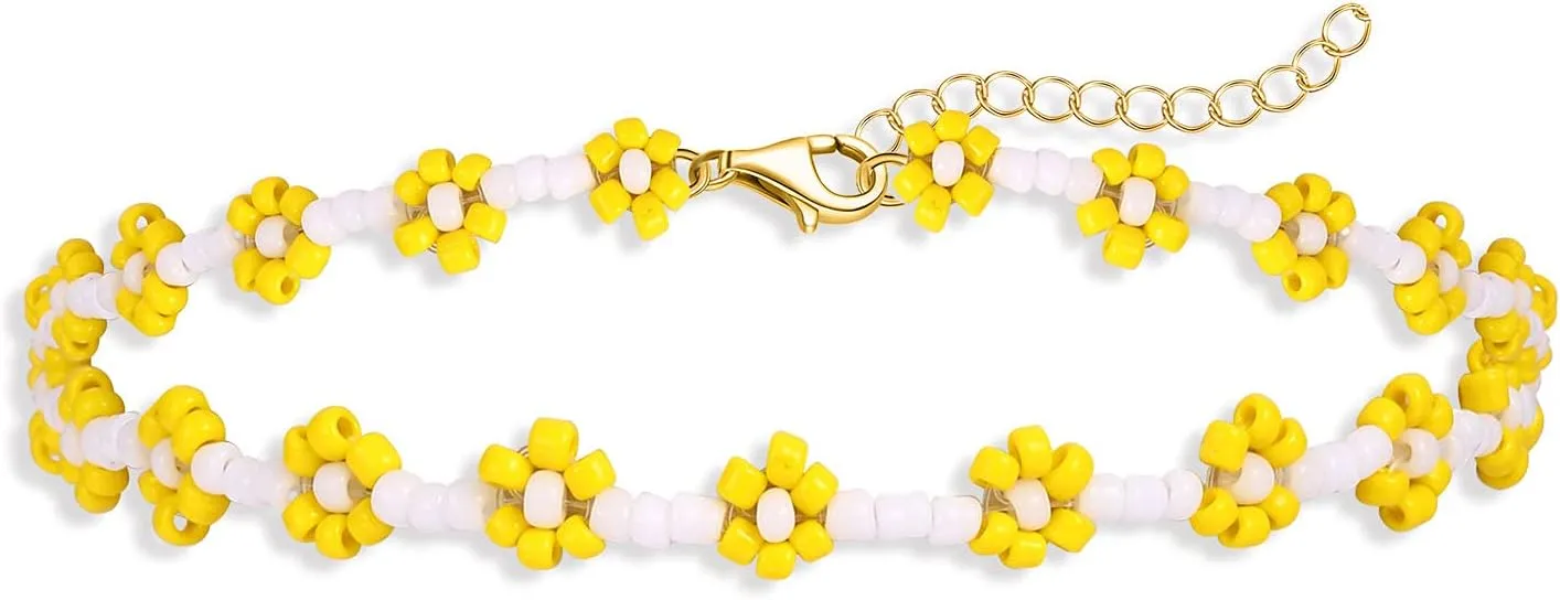 Beaded Anklets for Women Boho Cute Daisy Flower Bead Ankle Bracelets Handmade Waterproof Surfer Anklet Summer Beach Foot Jewelry for Women