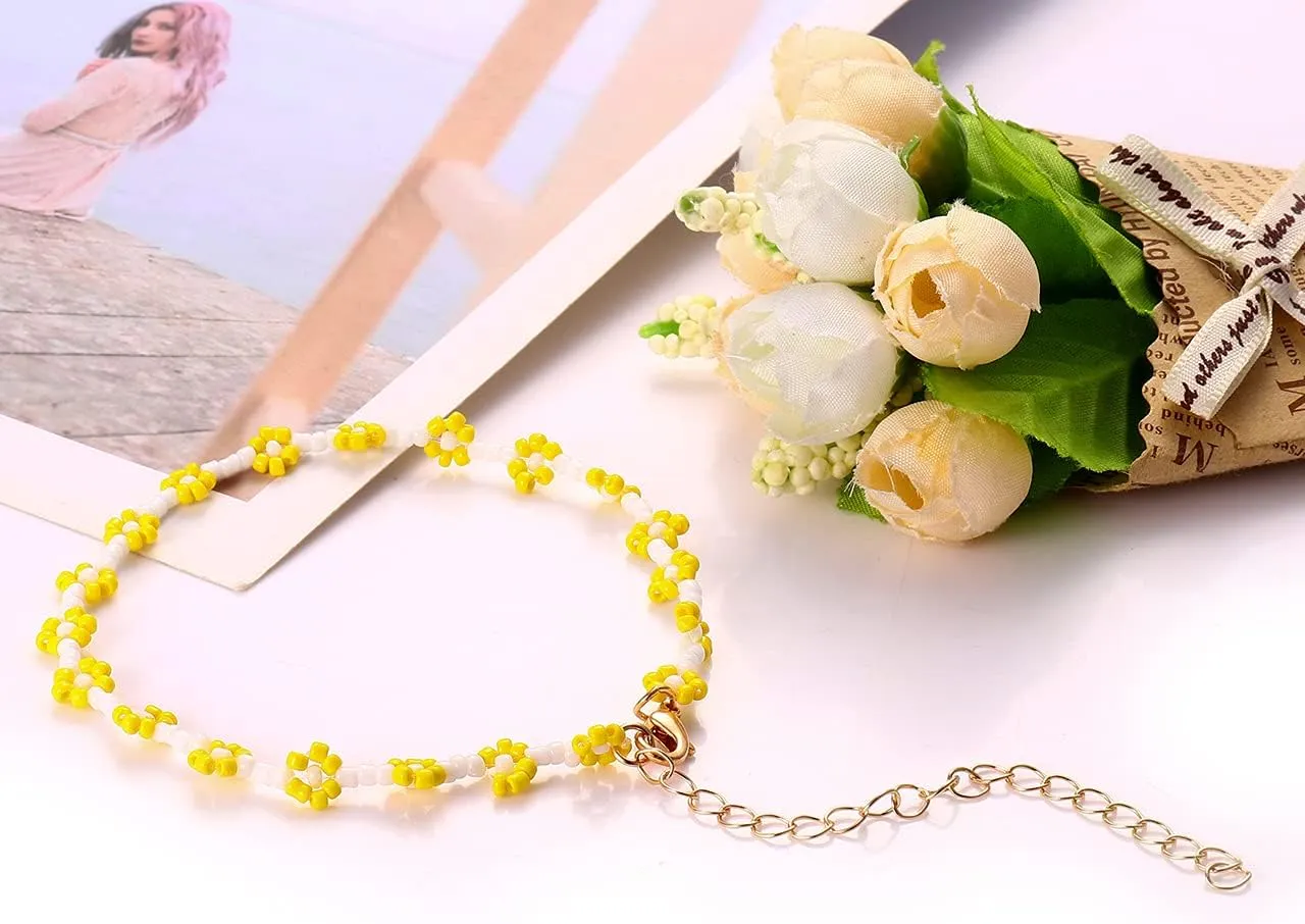 Beaded Anklets for Women Boho Cute Daisy Flower Bead Ankle Bracelets Handmade Waterproof Surfer Anklet Summer Beach Foot Jewelry for Women