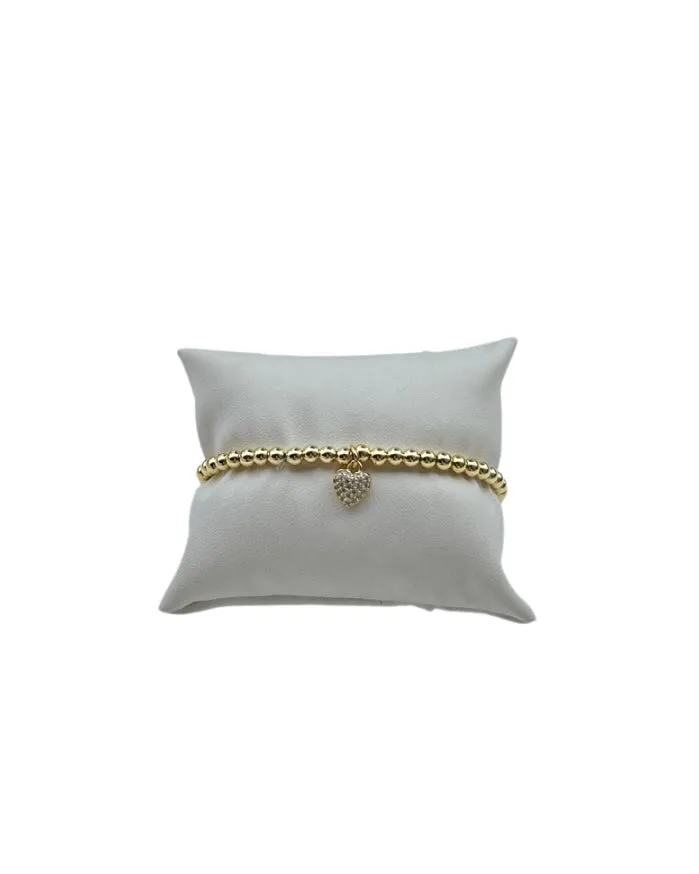 Beaded Bracelet with Small All Pave Heart - Gold
