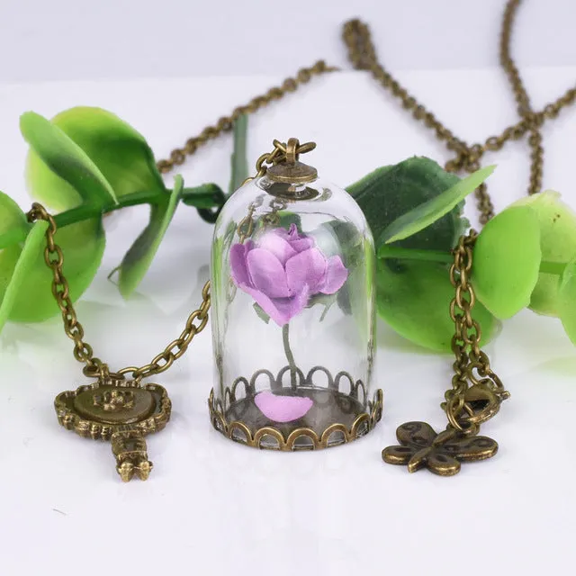 Beauty and the Beast Necklace Rose in Terrarium Pendant His Beauty/Her Beast Valentines Day,Fairy Tale Movie Victorian Jewelry