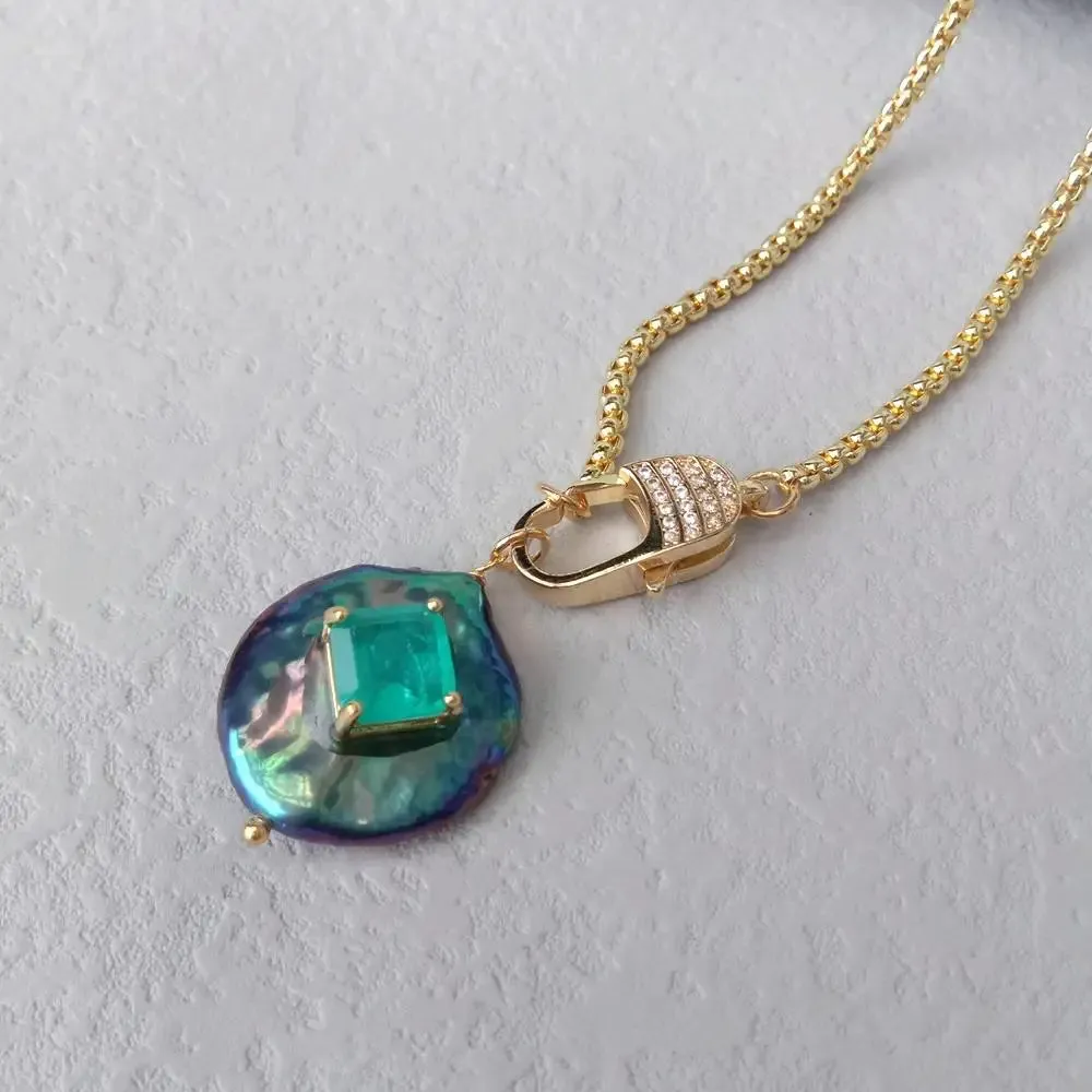 Black Coin Pearl & Green Quartz Necklace