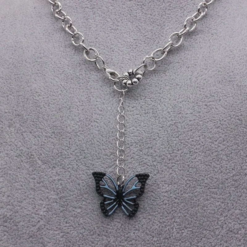 Blue and Black Butterfly Necklace Hip Hop Style Valentine's Day Gifts for Couple