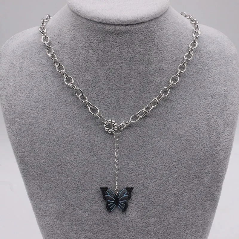 Blue and Black Butterfly Necklace Hip Hop Style Valentine's Day Gifts for Couple