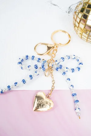 Blue Flower Beaded Bow Keychain