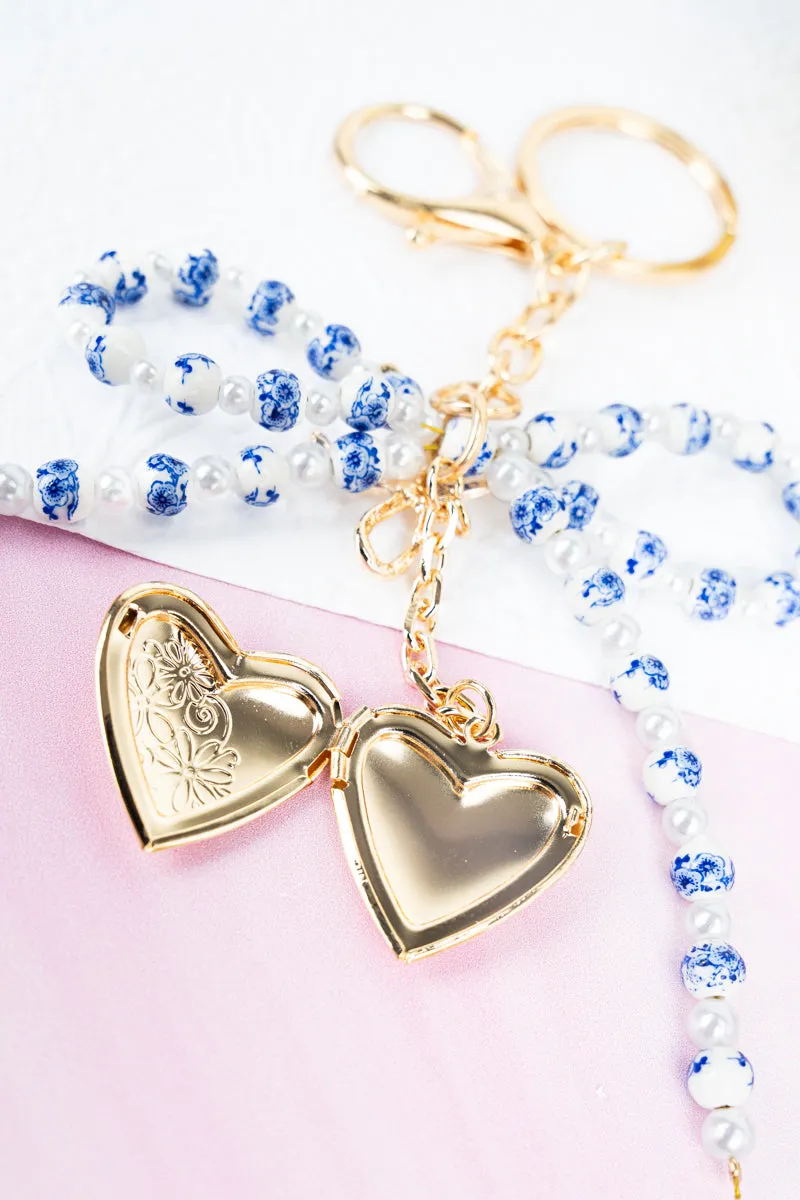 Blue Flower Beaded Bow Keychain