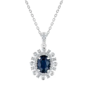 Blue Sapphire and Diamond Sunburst Pendant 1/6ctw