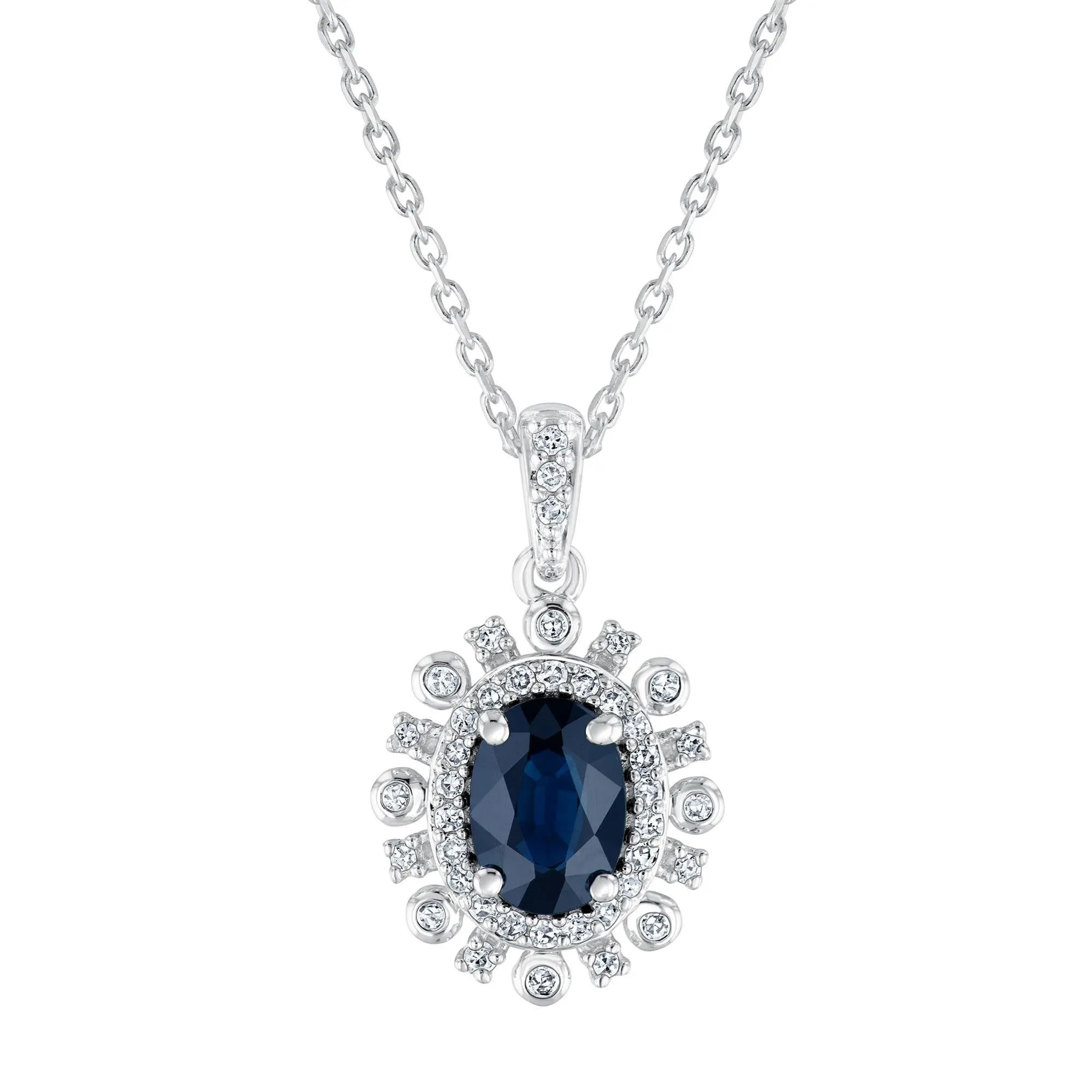 Blue Sapphire and Diamond Sunburst Pendant 1/6ctw