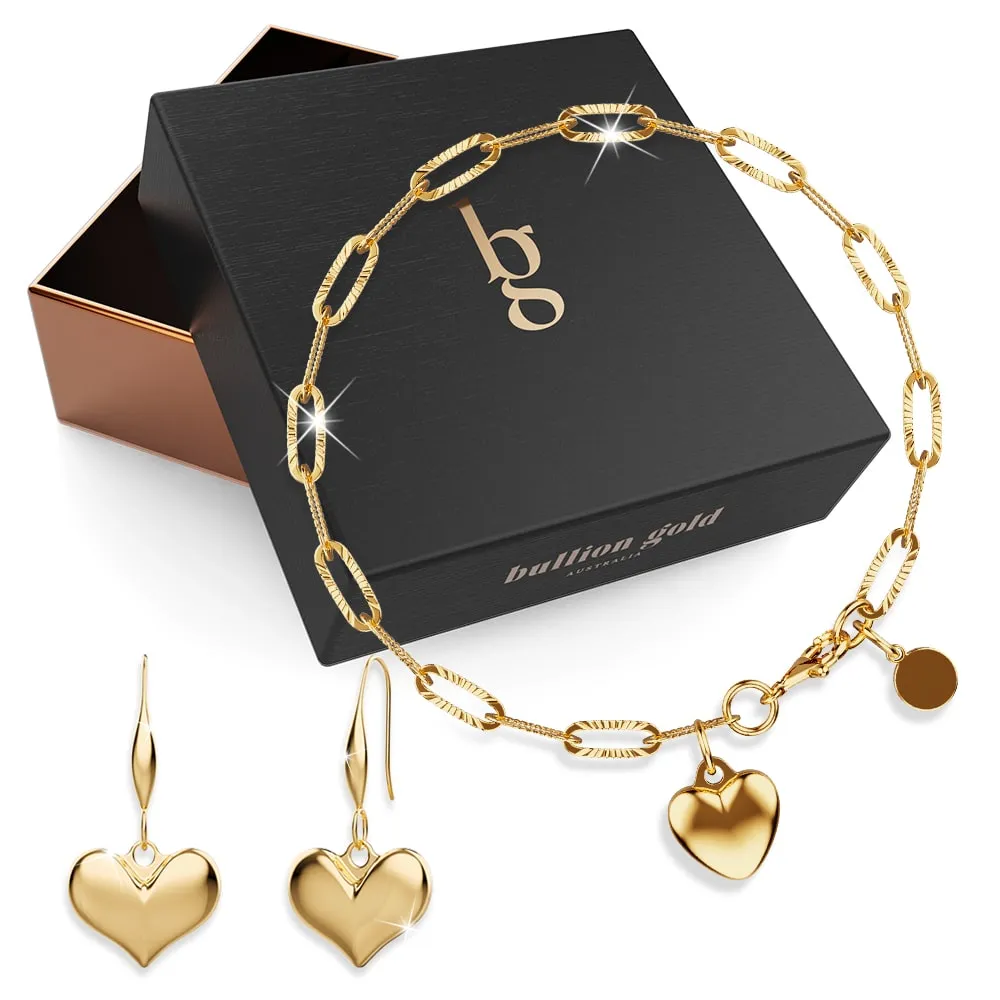 Boxed Golden Heart Earrings and Bracelet Set