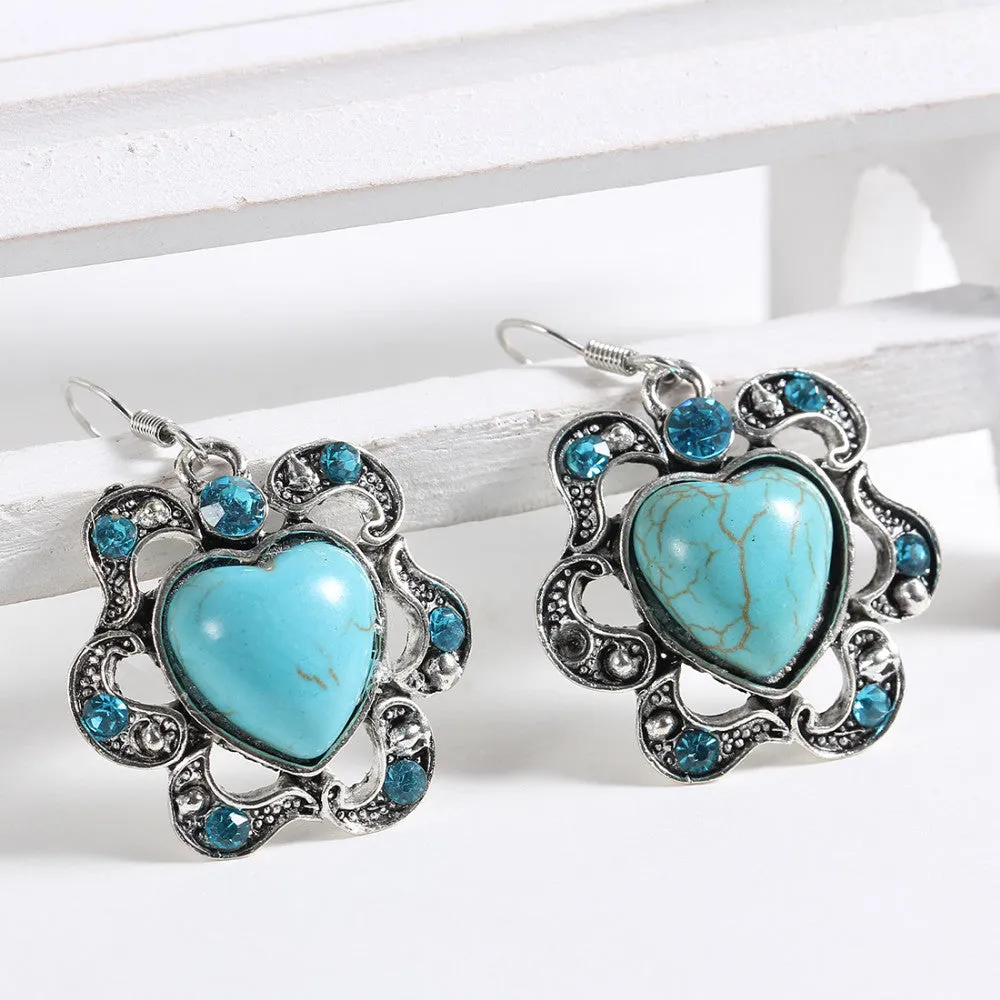 Brand designer New Fashion Simple Geometric heart blue gem Bohemia Retro big Turquoise earrings jewelry for woman
