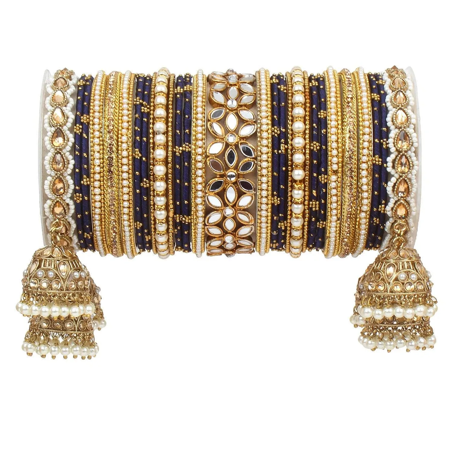 Bridal Thread Bangles Set with Golden Pearl Tassel Bangle Latkan and Mirror Kada
