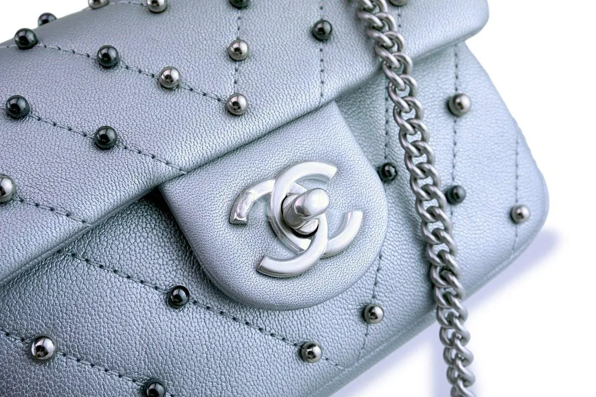 Chanel Silver Pearl Chevron Quilted Classic Mini Flap Bag Limited