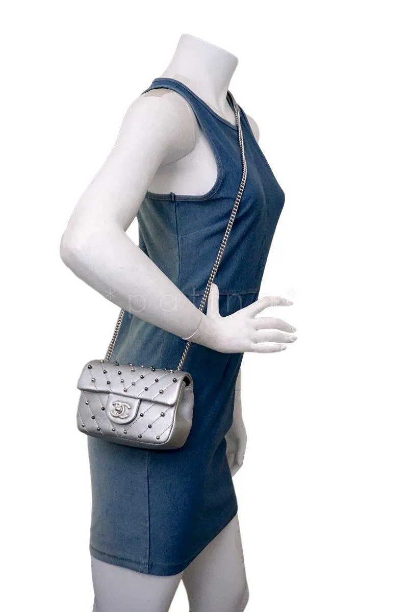 Chanel Silver Pearl Chevron Quilted Classic Mini Flap Bag Limited