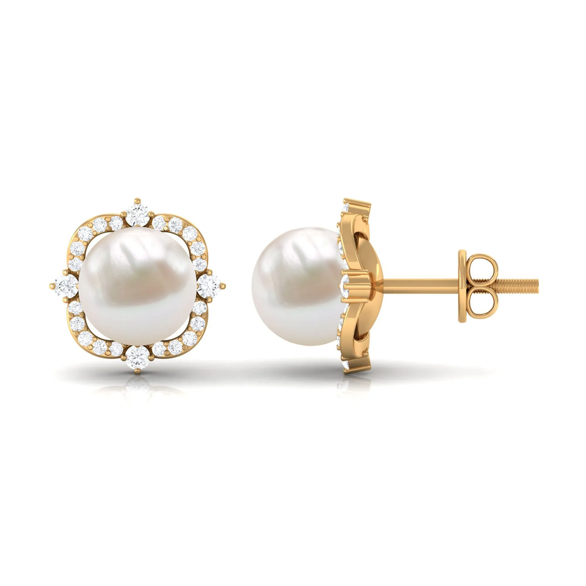 Classic Freshwater Pearl Stud Earrings with Diamond Halo