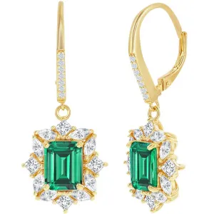 Classic Women's Earrings - Gold Plated Asscher Cut Emerald CZ Lever Back | D-8273