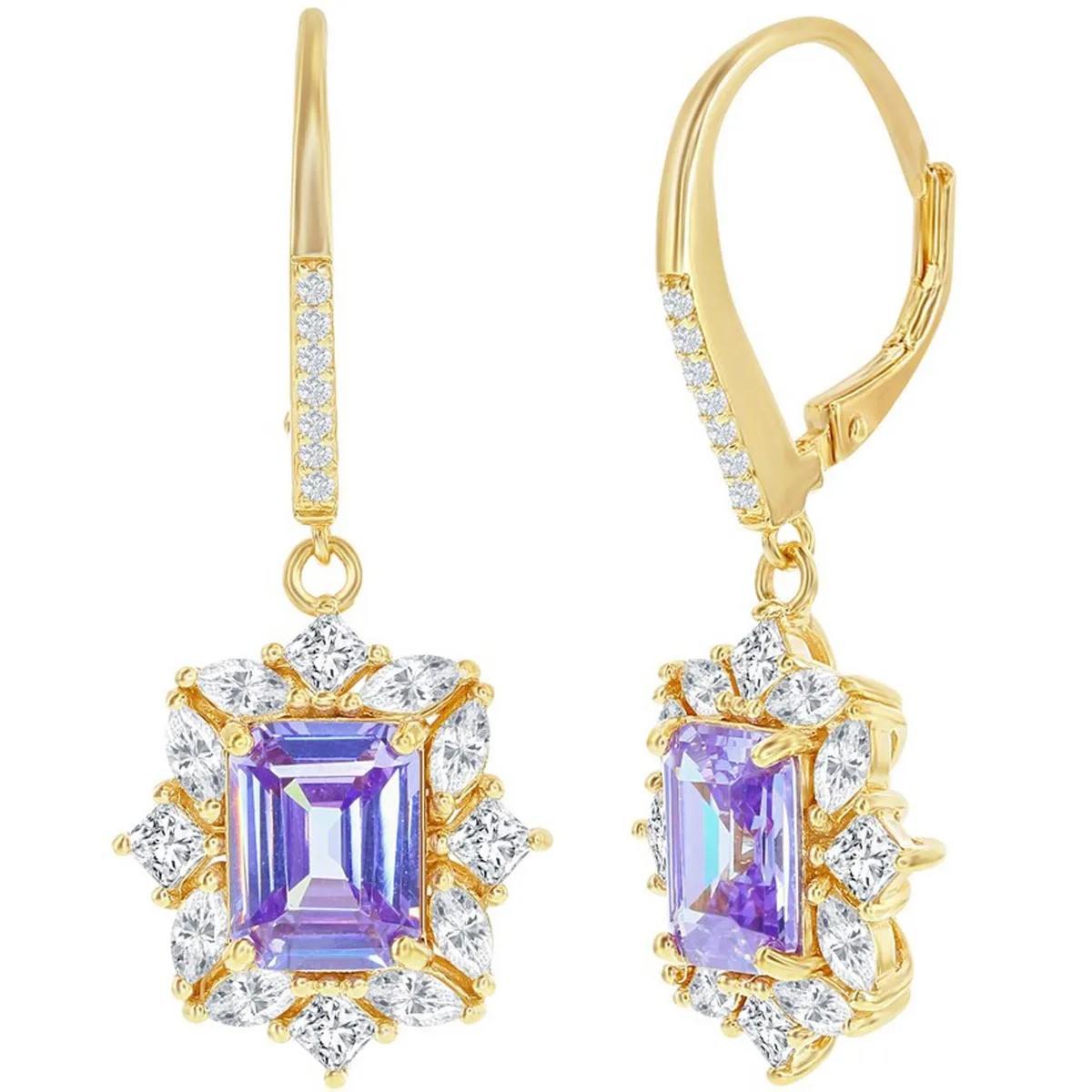 Classic Women's Earrings - Gold Plated Asscher Cut Lavender and White CZ | D-8223