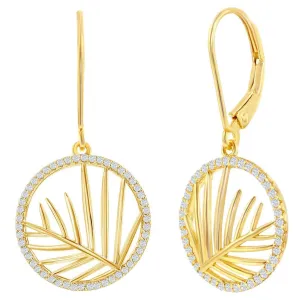 Classic Women's Earrings - Round CZ Outline with Center Cut-Out Leaf | D-8409-GP