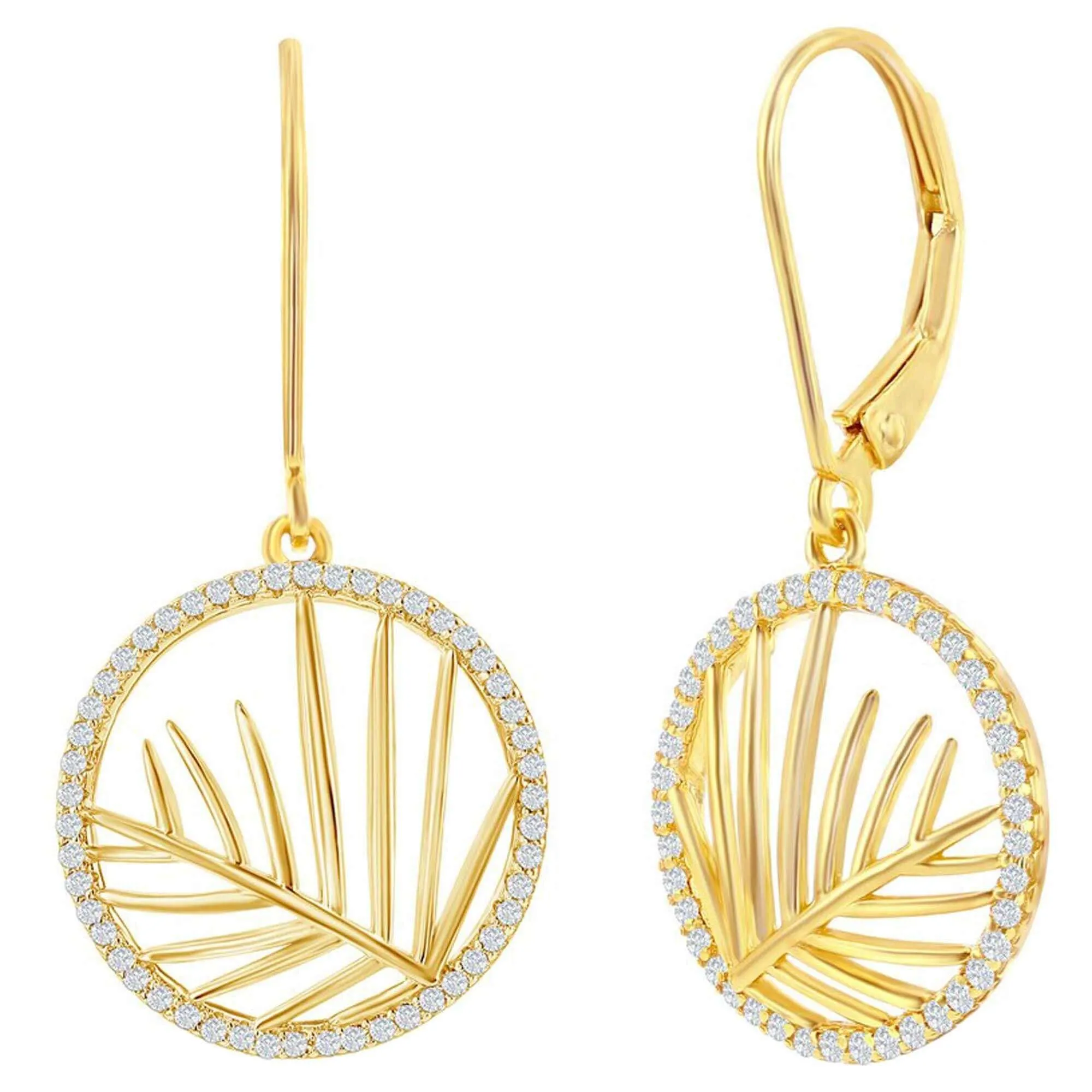Classic Women's Earrings - Round CZ Outline with Center Cut-Out Leaf | D-8409-GP