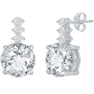 Classic Women's Earrings - Sterling Silver Round Shape White CZ with Bar Stud | D-7774