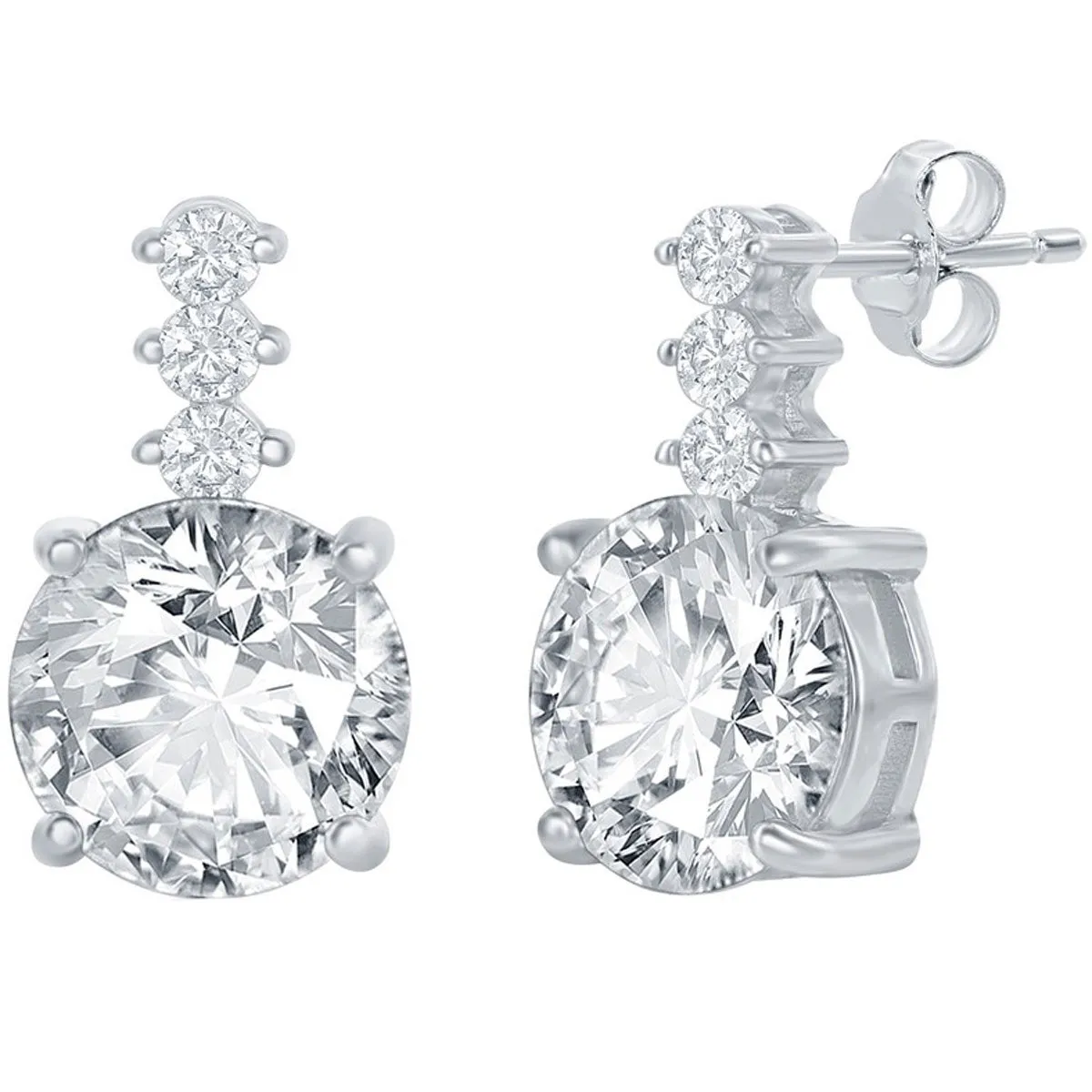 Classic Women's Earrings - Sterling Silver Round Shape White CZ with Bar Stud | D-7774