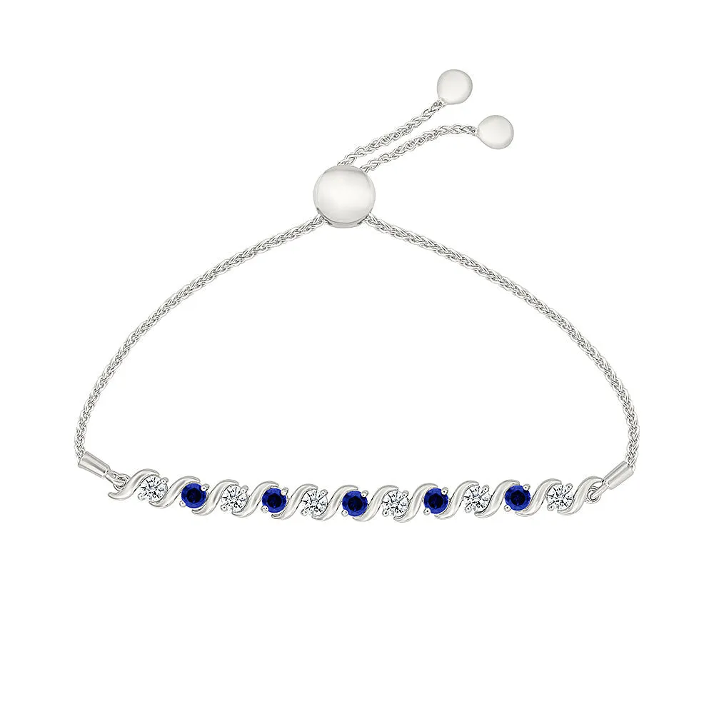Created Blue Sapphire and Created White Sapphire Sterling Silver Swirl Bolo Bracelet
