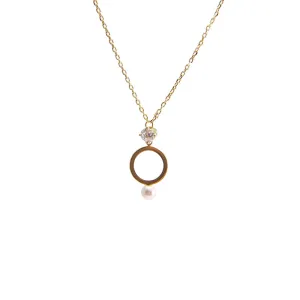 Cutout Circle Pearl and Crystal Gold Sterling Silver Necklace