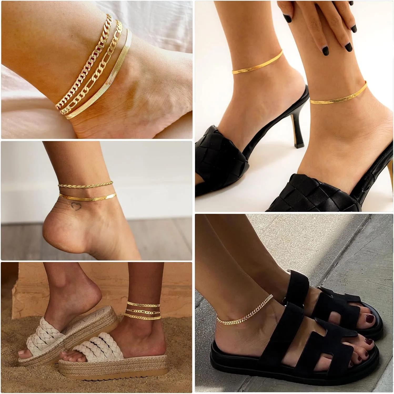 DEARMAY Gold Bracelets - Real 14K Women's Cute Tennis Cubic Beaded Link Paperclip Dainty Bracelet Pack