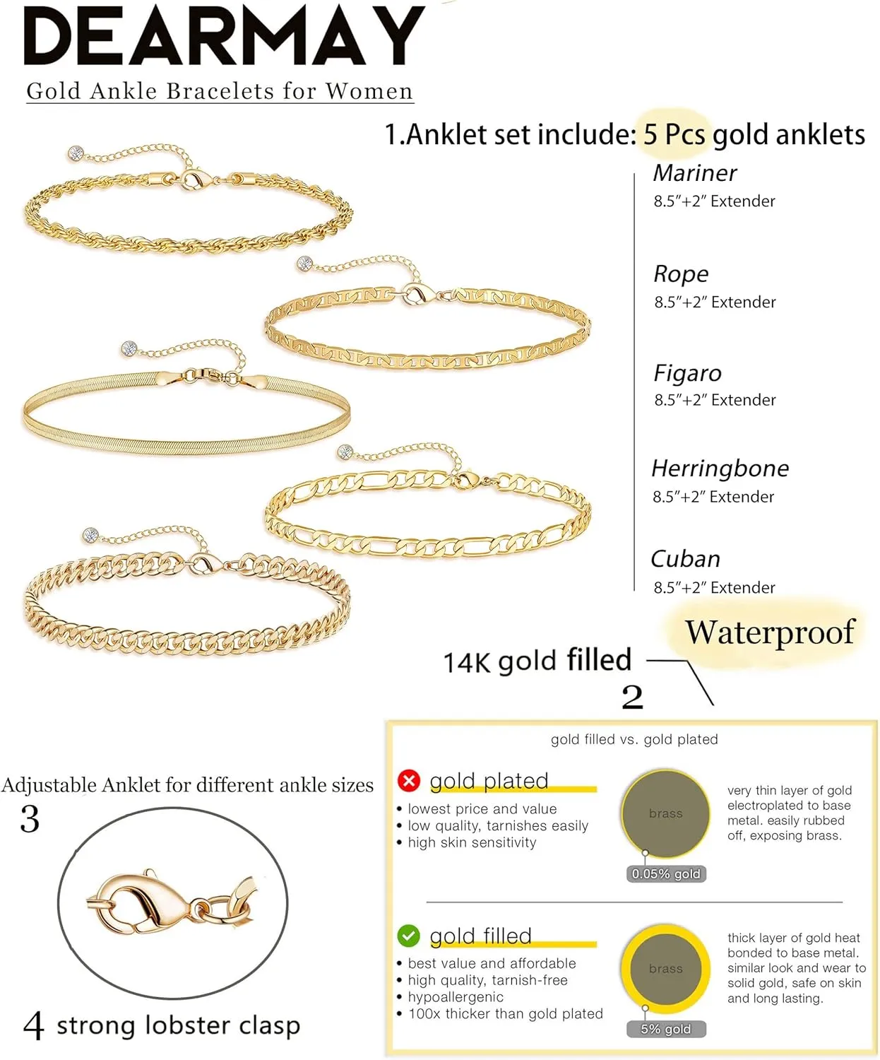 DEARMAY Gold Bracelets - Real 14K Women's Cute Tennis Cubic Beaded Link Paperclip Dainty Bracelet Pack