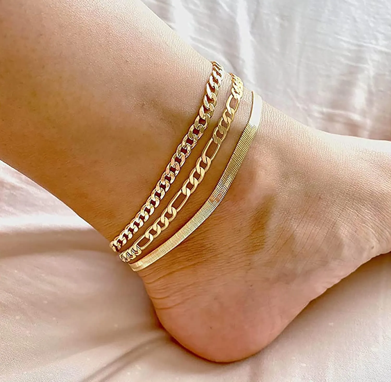 DEARMAY Gold Bracelets - Real 14K Women's Cute Tennis Cubic Beaded Link Paperclip Dainty Bracelet Pack