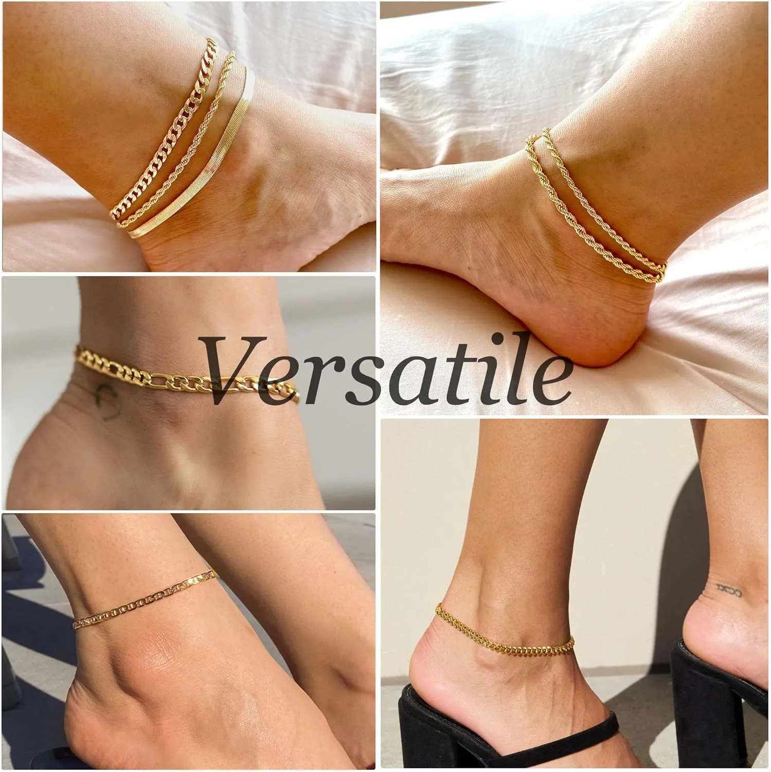DEARMAY Gold Bracelets - Real 14K Women's Cute Tennis Cubic Beaded Link Paperclip Dainty Bracelet Pack