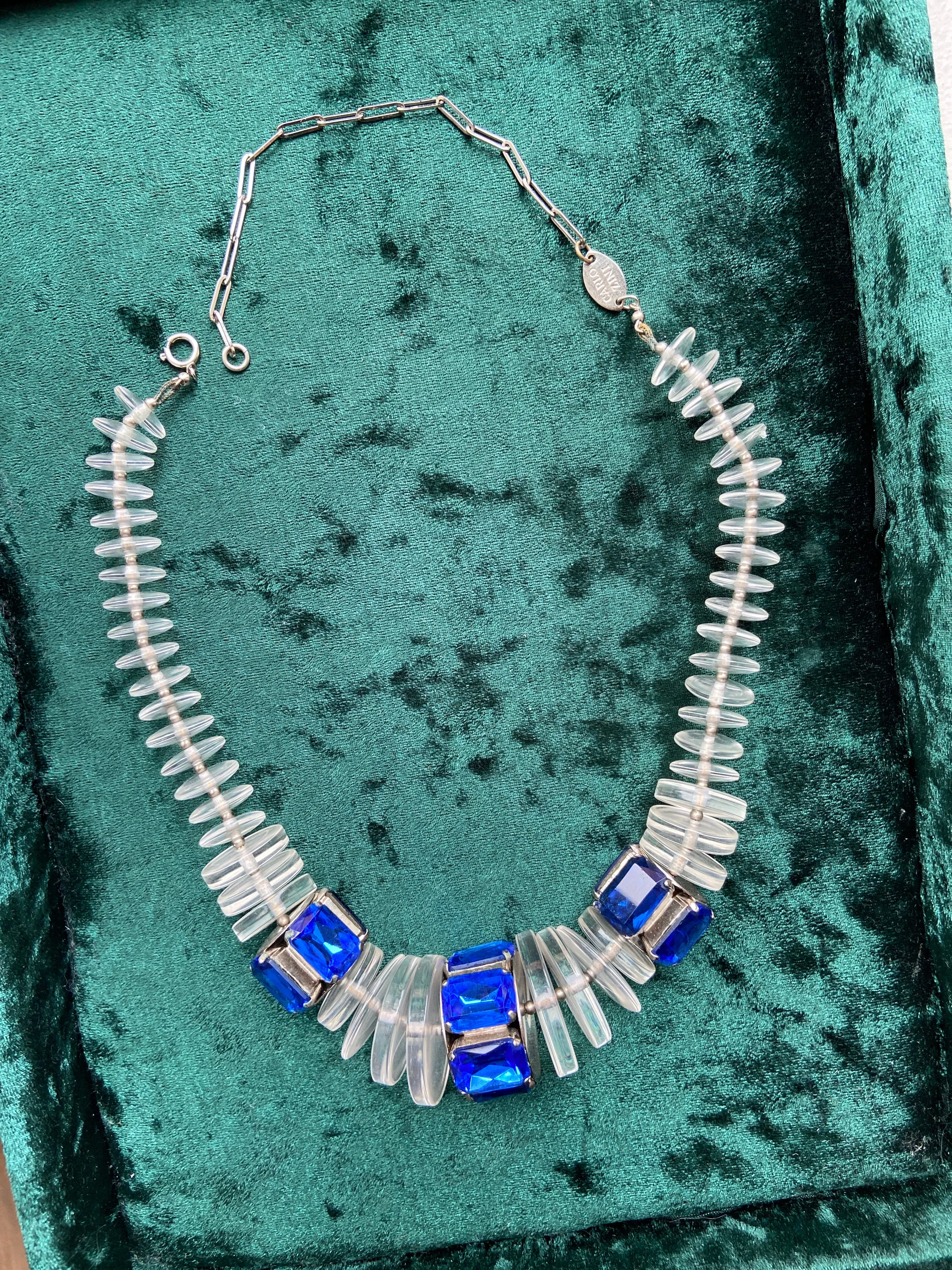 Designer Carlo Zini Lucite Blue Jewel Statement Necklace