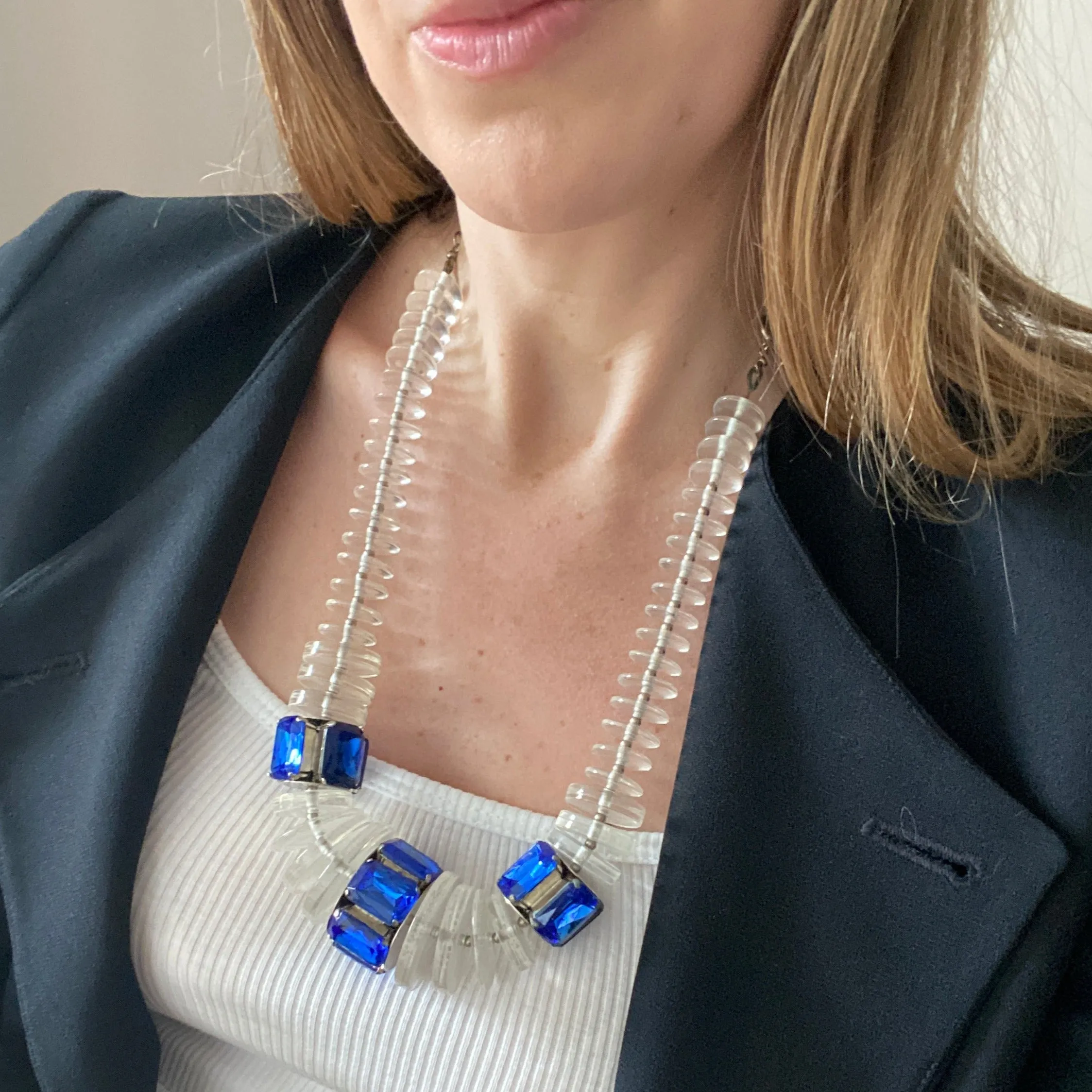 Designer Carlo Zini Lucite Blue Jewel Statement Necklace