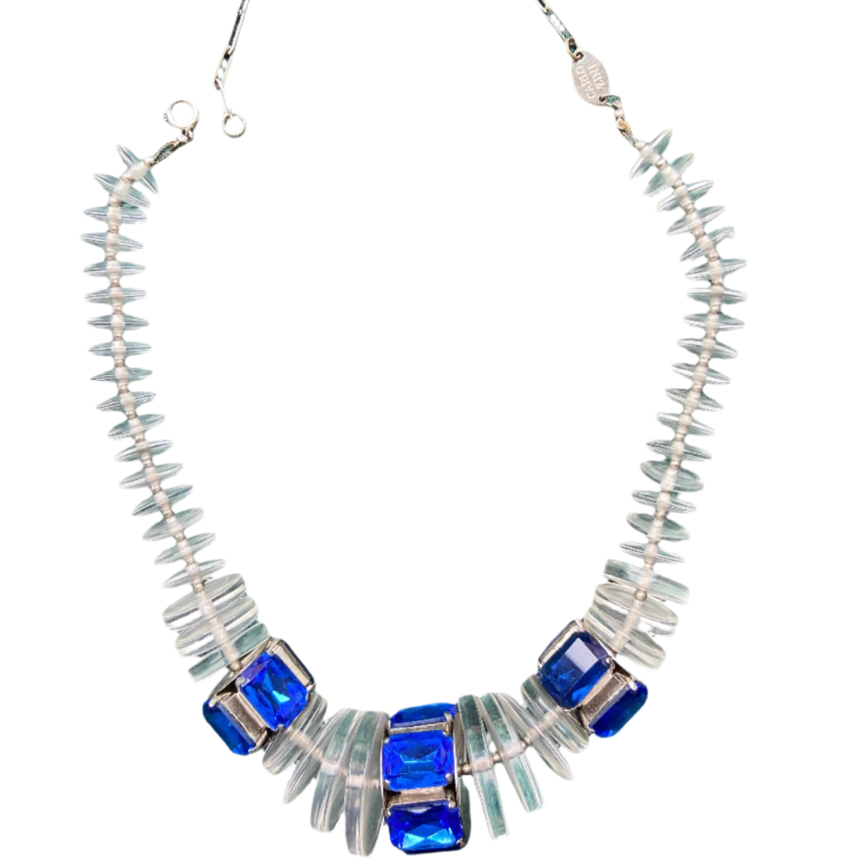 Designer Carlo Zini Lucite Blue Jewel Statement Necklace