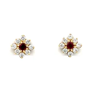 Diamond & Ruby Cluster Stud Earrings in 14k Yellow Gold